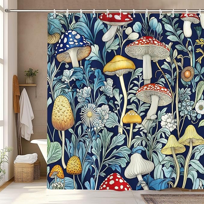 Rustic Boho Mushroom Shower Curtain, Vintage Chic Dark Mushroom Botanical Floral Farmhouse Cottagecore Aesthetic Shower Curtains with Hooks, Fairy Witchy Plant Shower Curtain for Bathroom 72X72,Blue