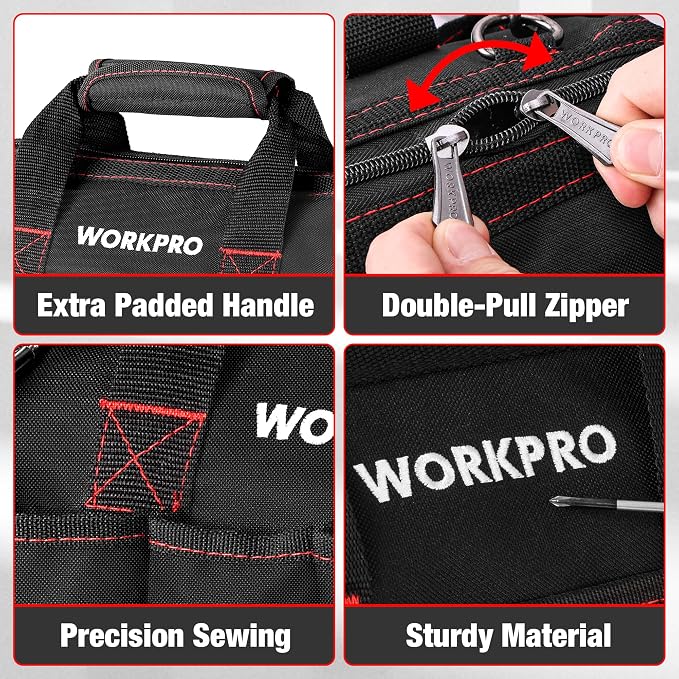 WORKPRO 14-inch Tool Bag, Multi-pocket Tool Organizer with Adjustable Shoulder Strap, W081021A , black