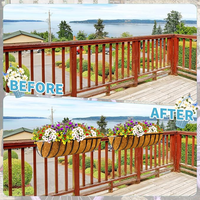 Tessco for you 6 Pieces Railing Planter Boxes, 30 Inches Window Box Planters with Coco Liner and Adjustable Brackets for Deck Porch Fence Patio Balcony Gardening Outdoor Plants