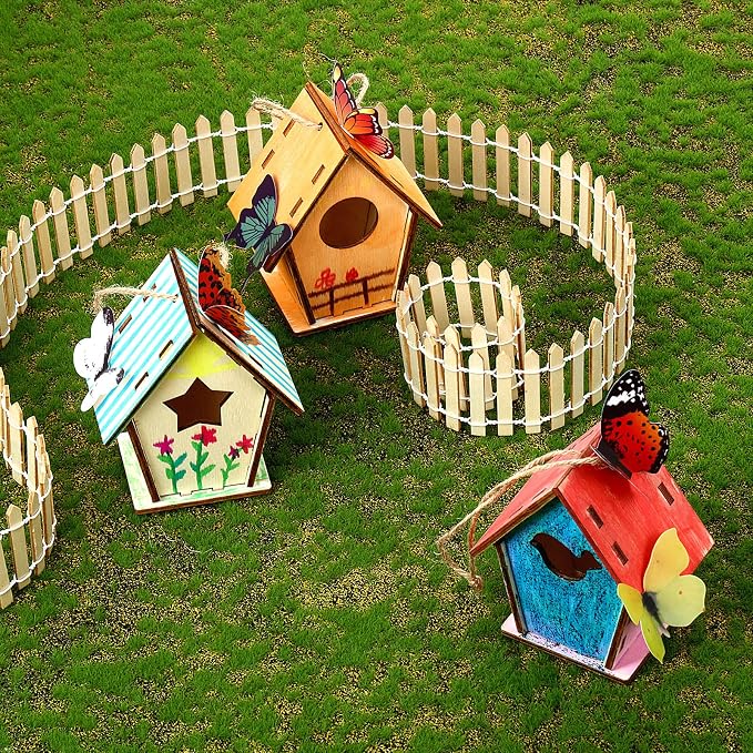 Outus 24 Pcs Wooden DIY Birdhouse Kits for Kids to Build, 4 Shapes Birdhouse Kit Wooden Unfinished with Butterfly Sticker for Boy Girl Arts Crafts(Vintage)