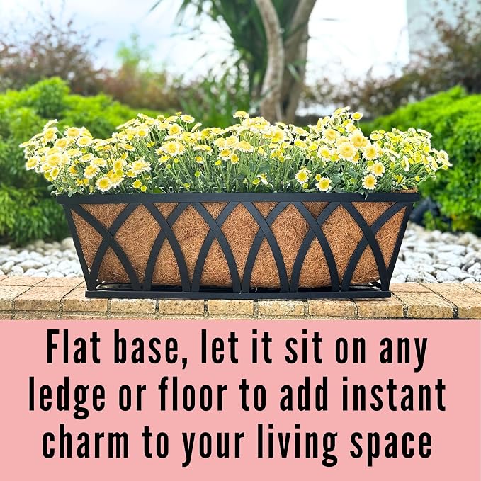 LaLaGreen Wall Hanging Planters (2 Pack, 30 Inch) Balcony Fence Planter with Coco Liner, Metal Window Planter Box Attach House Outdoor Flower Basket Plant Holder Rail Railing Deck Porch Horse Trough