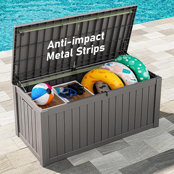 Outdoor Storage Box, 160 Gallon Resin Deck Boxes Outdoor Waterproof For Patio Furniture, Garden Tools, Pool Supplies, Lockable And UV Resistant (Striped Gray)