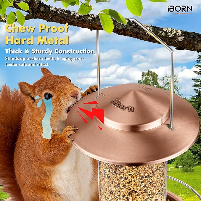iBorn Bird Feeder Metal Squirrel Chew-Proof Bird Feeders for Outdoors Hanging Outside for Cardinal, Holds 1.32LB Seed with 3 Perchs, Brushed Copper (Seed is not Included)