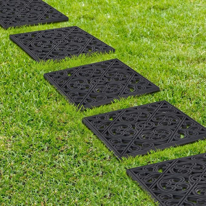 Pangda 8 Pcs Rubber Stepping Stones Outdoor Garden Walkway, 12 x 12 Inch Heavy Duty Pathway Pavers Retro Decorative Stepping Stones for Outside Landscaping Yard Lawn Path(Black,Cross Square)