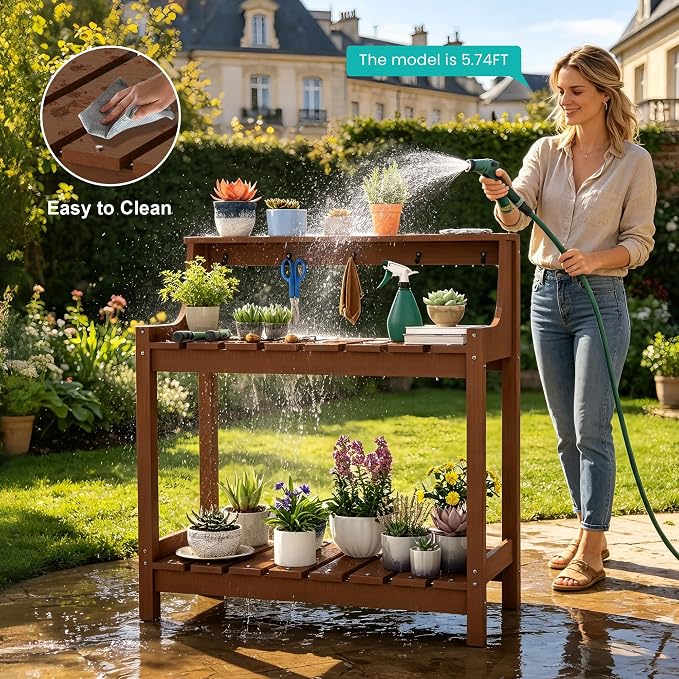 Garden Potting Bench for Outside, HDPE Outdoor Potting Table with Storage Shelves & Tool Hooks, All Weather Planting Workstation for Patio Backyard Garden (Brown)