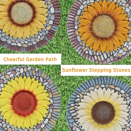 4 Pack Sunflower Stepping Stones for Garden, 10-Inch Faux Stepping Stones Outdoor, Decorative Hand-Painted Garden Stones, Weather-Resistant Pathway Stones for Walkway Yard Patio, Large Stepping Stones
