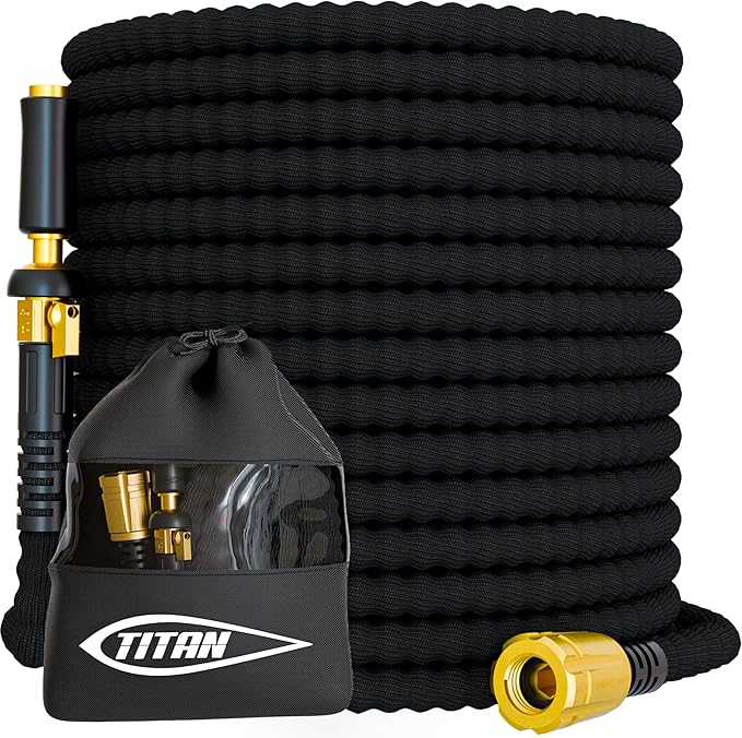 TITAN Flexible Garden Hose 50FT – Ultra Lightweight, Heavy Duty Water Hose with Brass Fittings & Jet Nozzle – Kink-Free, Non-Expanding, Durable Fabric Hose for Yard, Lawn, Car Wash, Outdoor Use