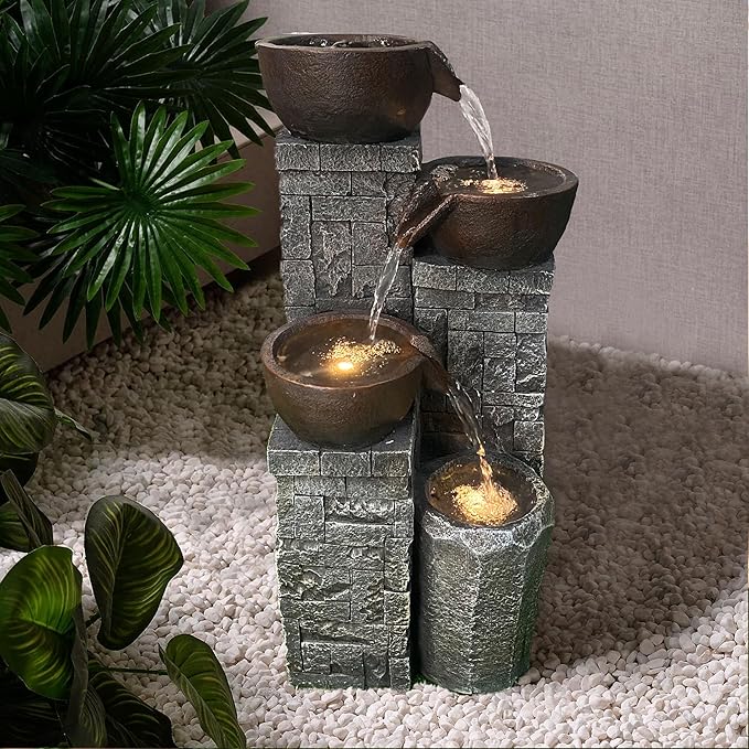 19.3'' H Modern Water Fountain with Lights, 4-Tier Resin Water Fountains with Soothing Water Sounds for Garden, Patio, Backyard and Home & Office Art Decor (Brown)