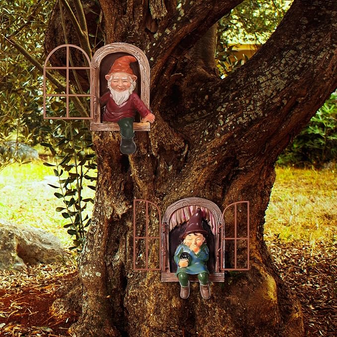 Jetec 2 Pcs Garden Gnome Statue Gnome Tree Hugger Fairy Garden Decor Elf Out The Door Yard Art Tree Sculpture Decoration Outdoor for Patio Yard Lawn Porch Ornament (Classic Style)