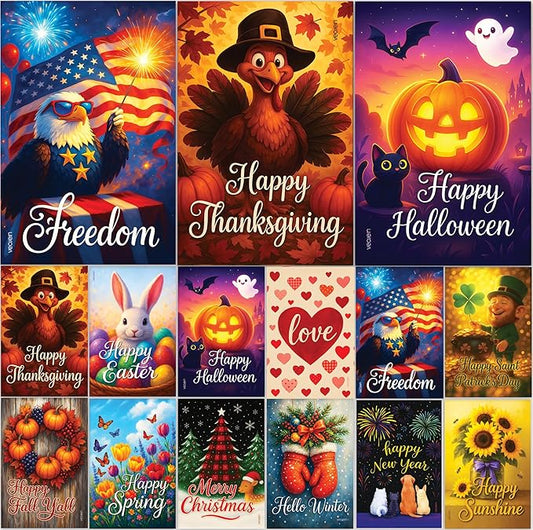 Premium 12 Pack Seasonal Garden Flags Set 12x18 Inch Double Sided, Burlap Outdoor Yard Flags for Spring, Summer, Fall, Winter, Easter, Mother’s Day, Valentine’s, St. Patrick’s, 4th of July, Halloween, Thanksgiving, Christmas