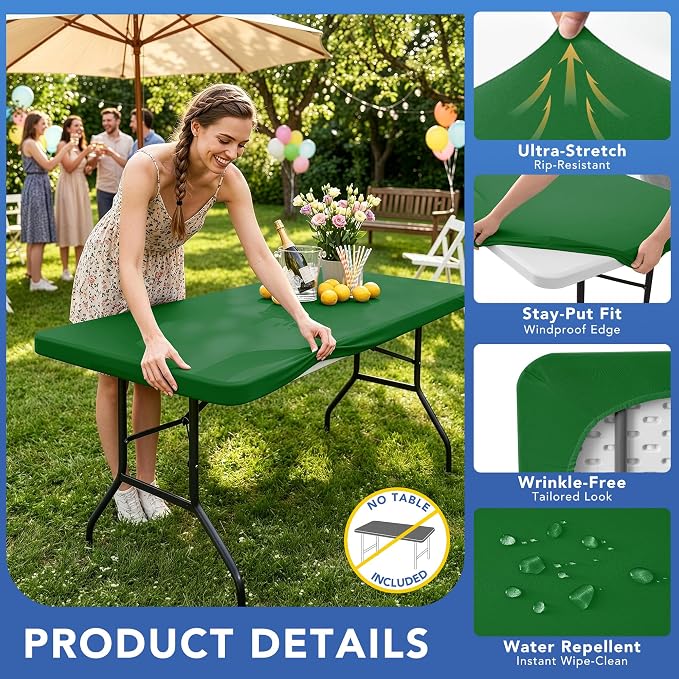 Fitted Tablecloth for 6 Foot Rectangle Tables-4 Pack Green Elastic Outdoor Picnic Table Cover-Spandex Stretch Christmas Table Cloths 6 ft for Camping Dining Room Patio Kitchen Banquet Party