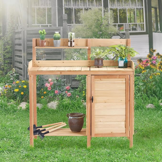 42" Outdoor Potting Bench with Sink, Wooden Potting Table with Sliding Tabletop, Storage Cabinet & Bottom Shelf, Garden Work Bench for Patio Backyard Porch, Natural