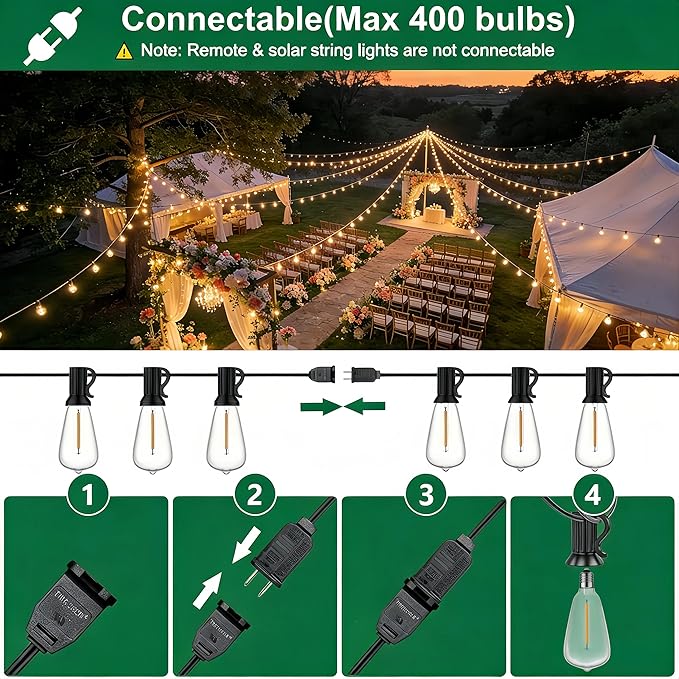Outdoor String Lights, Waterproof Shatterproof ST38 Vintage Bulbs | 50FT Length, Dimmable & Connectable, 2700K Warm White, ideal for Balcony, Porch, Party, Patio & Indoor Decoration