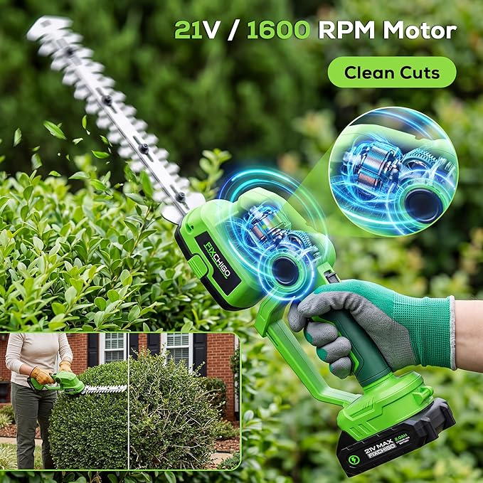 21V Cordless Hedge Trimmer, 2 in 1 Handheld Bush Trimmer with 2000mAh Batteries + Charger, Electric Grass Shear for Garden Yard Lawn Care, Powerful & Lightweight