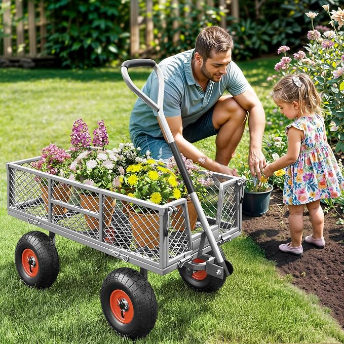 Heavy Duty 900 lbs Capacity Garden Cart Wagon with 10" Pneumatic Tires & Removable Mesh Sides - 180° Rotating Handle, 4 Cu.Ft Utility Wagon for Yard, Garden, Hauling, All Terrain Outdoor Use