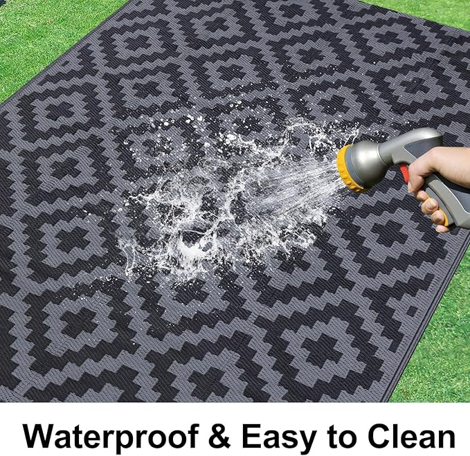 Smiry Waterproof Outdoor Rug 9X18 ft, Reversible Plastic Straw Patio Camping Rugs, Outdoor Indoor RV Mat Carpet for Patio, Outside Entry, Backyard, Deck, Bench, Picnic, Camper, Black & Grey