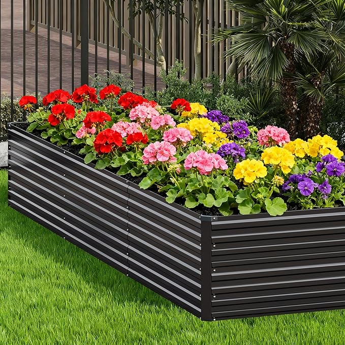 Vengarus 12x2x2FT Galvanized Raised Garden Bed Kit, Deep Root Planter Box Outdoor Large Planter Raised Beds for Planting Flowers,Vegetables and Herbs-Black