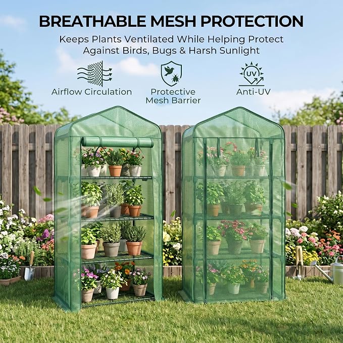 Worth Garden 4 Tier Mini Greenhouse - 63'' H x 27'' L x 19'' W - Sturdy Portable Gardening Shelves with Durable PE Cover w/ Roll-Up Zipper Door- Small Green House Indoor & Outdoor for Plants Flowers