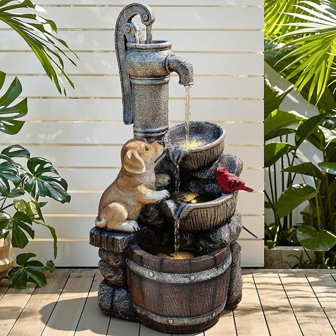 30" Puppy & Red Bird Outdoor Fountain, 3-Tier Pastoral Water Feature with LED Lights, Resin Two Bowls & Wooden Barrel Soothing Cascading Waterfall for Patio, Backyard, Garden