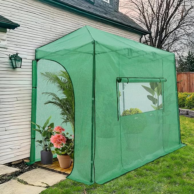 EAGLE PEAK 10x5 Portable Walk in Greenhouse, Pop Up Indoor Outdoor Greenhouse, Green House Kit with Zippered Roll-Up Doors and Windows, Lean-to Design, PE Cover, Clear/Green