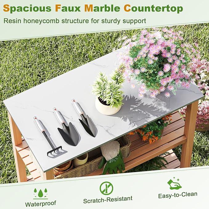 Giantex 3-Tier Outdoor Potting Bench, Acacia Wood Planting Workstation with Faux Marble Tabletop, Open Storage Shelves, 300LBS Capacity, Garden Potting Table for Horticulture