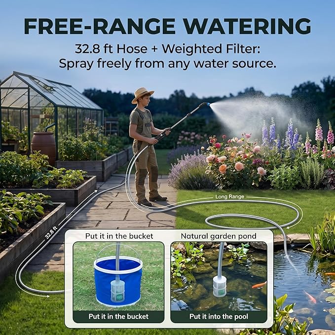 Rechargeable Cordless Pump Sprayer, Electric Watering Wand with 32.8FT Hose 6 Spray Modes Telescopic Wand, Battery Powered Sprayer for Garden Lawn Indoor Outdoor Plant Fertilizer Weed Cleaning