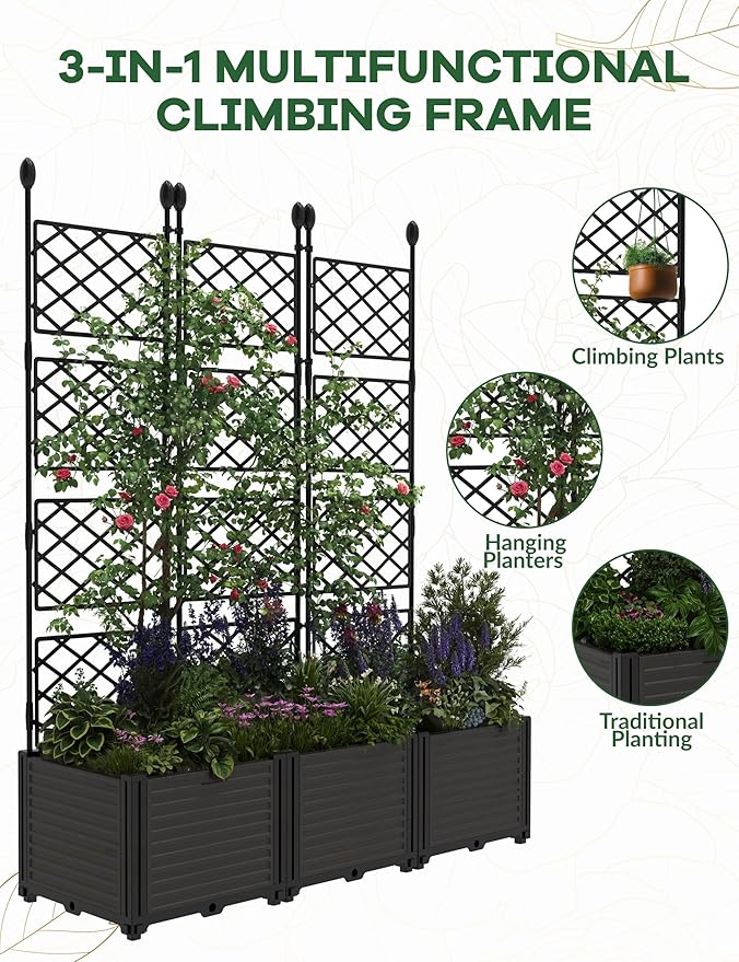 Patikuin 3-Section Sturdy Weather-Resistant Raised Garden Bed with Metal Trellis, Vertical Modular Planter Box & Privacy Screen for Climbing Plants, Vegetables, Flowers