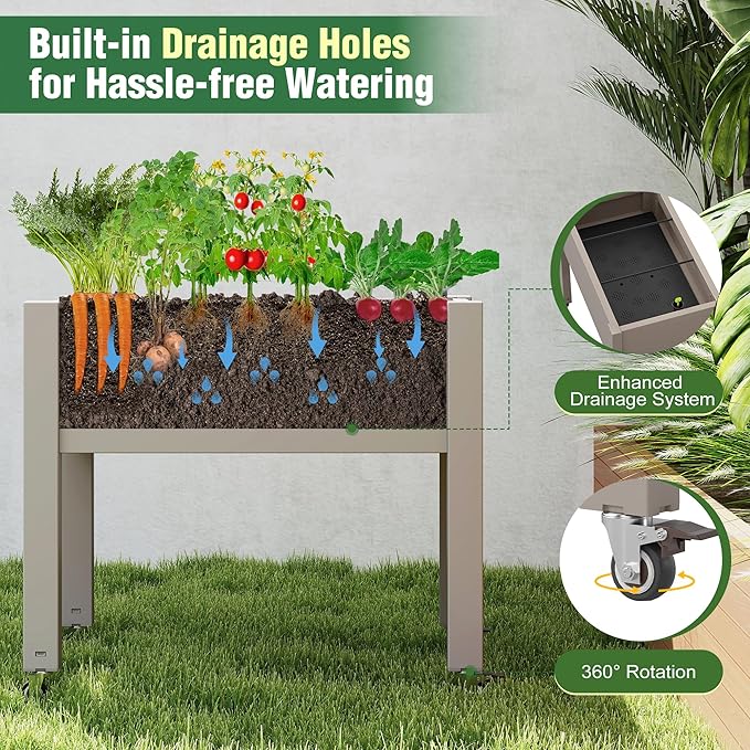 Elevated 26.3" Tall Raised Garden Bed with Wheels - Outdoor Mobile Resin Planter Box with Drainage Holes for Vegetables Flower Herbs, Weather Resistant, Gray (26.3" h)