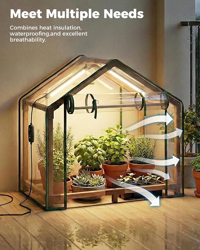 Bamworld Mini Greenhouse Indoor Desktop with Grow Lights Small Grow Tent Reusable Portable Warm House with PE Cover Ventilation Window for Seed Starting