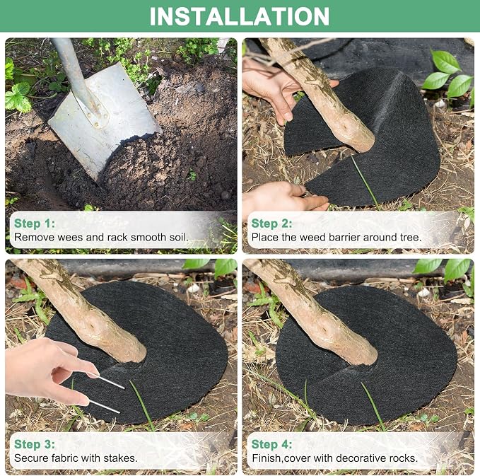 M METERXITY 2-Pack Non-Woven Tree Mulch Ring, 20.5 Inch Reusable Tree Protector Mat W 12 Garden Stakes for Landscape Control Plant Root Protection Tree Ring Weed Fabric Cover [Black]