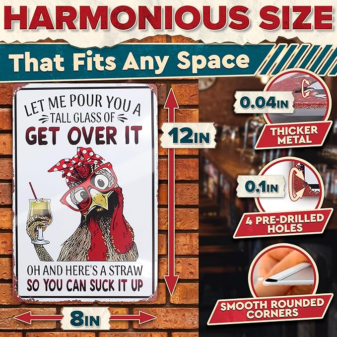 Let Me Pour You a Tall Glass of Get Over It Tin Sign 8x12" – Metal Signs for Outside – Rustic Tin Farmhouse Wall Art & Vintage Funny Kitchen Signs for Kitchen, Barn, or Yard | Chicken Coop Accessories