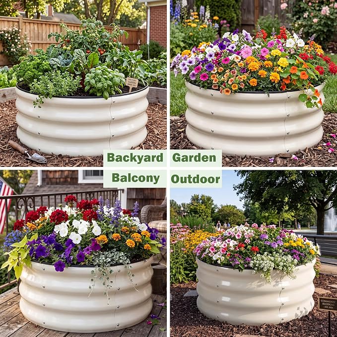 3 PCS Round Raised Garden Bed 2x2x1 ft, Metal Outdoor Planter Box Kit with Safety Rubber Edge, Easy Assemble Bottomless Small Planting Container for Vegetable, Flower, Fruit, White