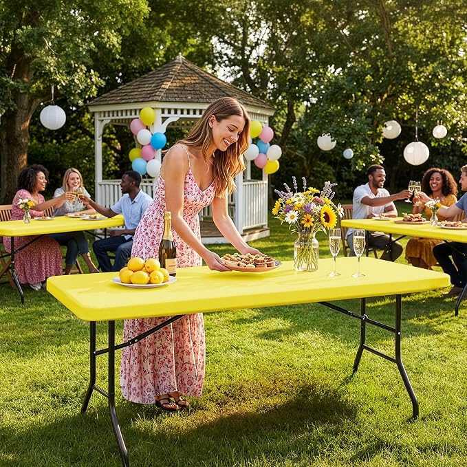 Fitted Tablecloth for 6 Foot Rectangle Tables-6 Pack Yellow Elastic Outdoor Picnic Table Cover-Spandex Stretch Folding Table Cloths 6 ft for Camping Dining Room Patio Kitchen Banquet Party