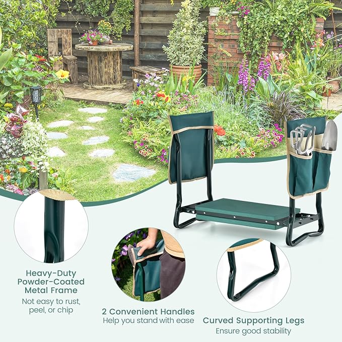 IRONMAX Garden Kneeler and Seat, Heavy Duty Foldable Gardening Bench Stool w/Soft Foam Pad & 2 Tool Storage Bags for Kneeling & Sitting, Gardening Gifts for Women Men