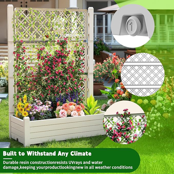 EasyUp Raised Garden Bed with Trellis for Climbing Plants, Outdoor Herb Planter Box with Drainage Plug & Water Gauge, Durable Resin for Patio, Balcony, Yard, Dust-Proof Garden Planter