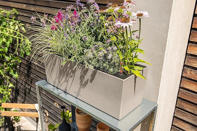 Lechuza BALCONERA Stone 50 Sand Beige, Self-Watering Window Box (Railing Planter), H7.5 L19.7 W7.5 in