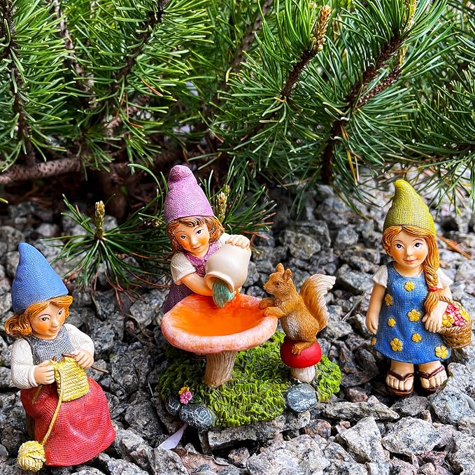 Mood Lab Garden Gnome Figurines - Lady Gnomes Set (3 pcs) - 3.5" H Miniature Decorative Statues & Accessories - Outdoor & Indoor Garden Decor