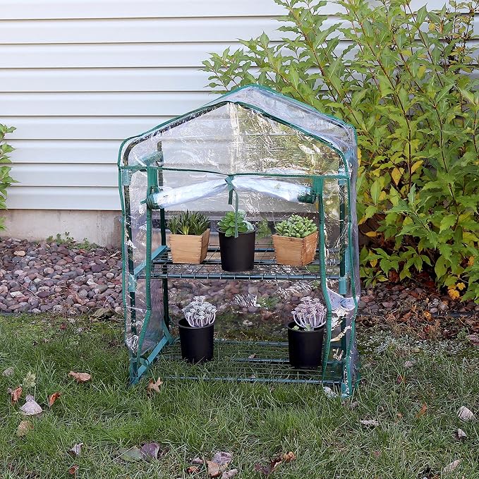 Sunnydaze Outdoor Portable 2-Tier Mini Greenhouse with Roll-up Zippered Door and Steel Wire Shelves - Clear