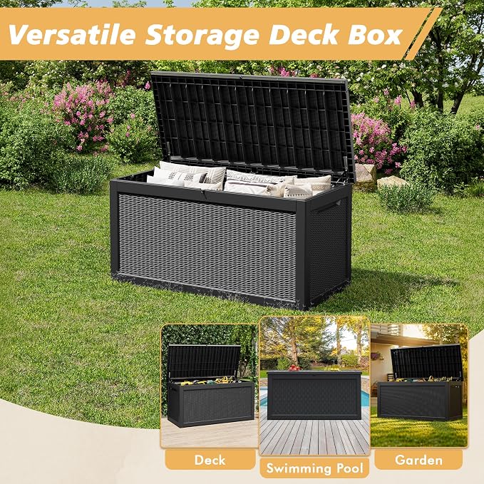 Fancyango 280 Gallon Outdoor Deck Box Waterproof, Large Storage Box for Patio, Resin Storage Bench Lockable for Garden Tools, Package Delivery,Black