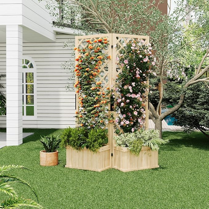 Cedar Privacy Screen with Planter Box - 2-Panel Freestanding Garden Fence, 41 in x10 in x65 in Tall Outdoor Divider with Drain Holes & Raised Bed for Patio, Deck & Backyard (Natural Wood)