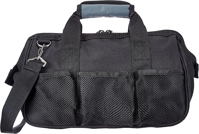 Amazon Basics Durable Wear-Resistant Tool Storage Bag with Adjustable Shoulder Strap, Portable Tool Organizer, 16 Pockets, 12 in, Black & Gray