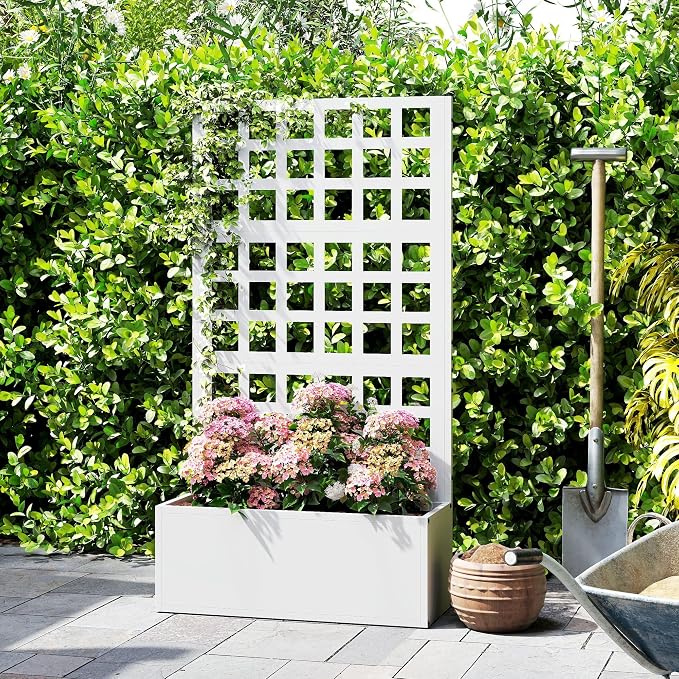Outsunny Galvanized Raised Garden Bed with Trellis, Metal Planter Box with Drainage Holes, Outdoor Privacy Screen for Climbing Plants, Vegetable, Vines, 24" x 9" x 44.5", White