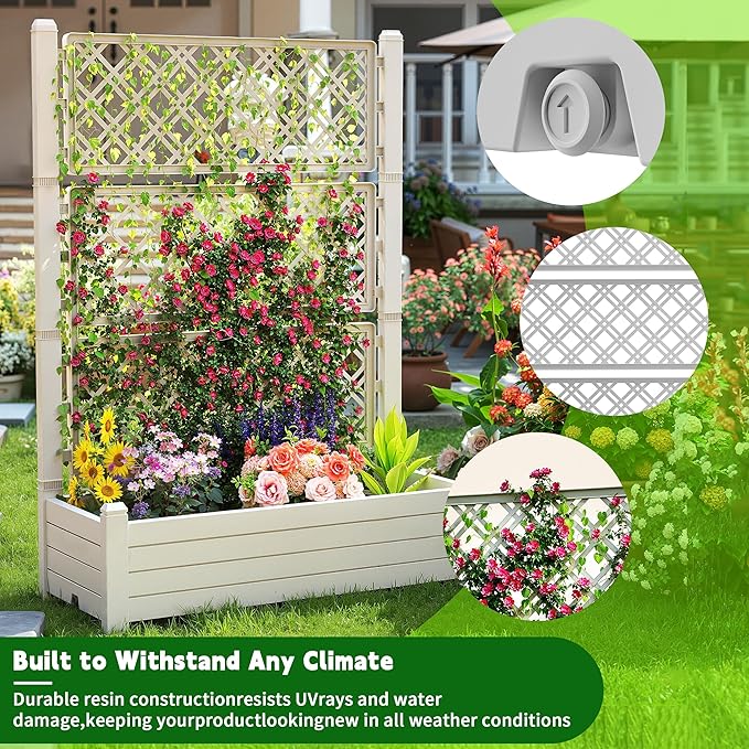 EasyUp 21 Gallon Raised Garden Bed with Trellis for Climbing Plants, Anti-Rust Resin Outdoor Planter Box with Drainage Holes for Backyard Patio Balcony (Ashen)