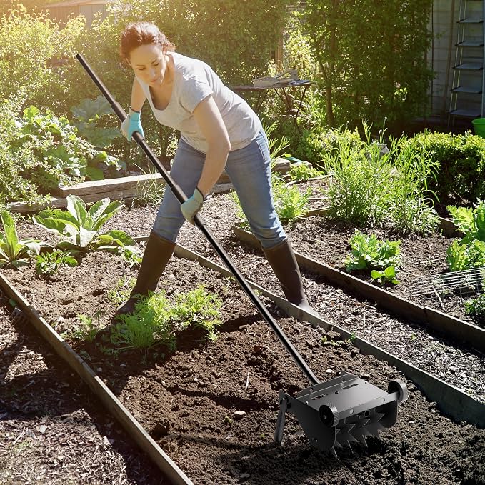 Lineware 9-Inch Lawn Aerator with Steel Handle,Heavy Duty Push Spike Aerator with 2 Wheels,Aerator Lawn Tool, Manual Aerator Lawn Tool with Foam Armrests, Suitable for Lawn, Garden and Yard