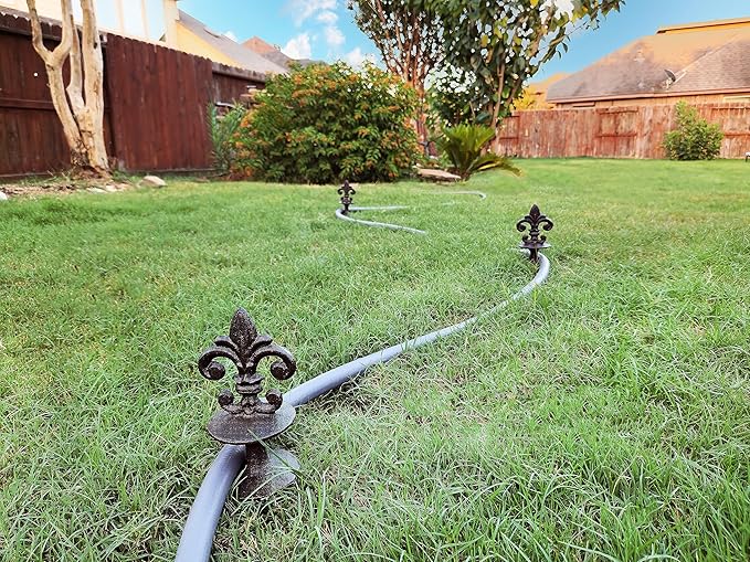 Lulu Decor, Cast Iron Garden Fleur de lis Hose Guides Antique Black, Set of 4. Strong and Decorative Hose Guide that Protects Your Plants and Provides Elegance to Your Garden.