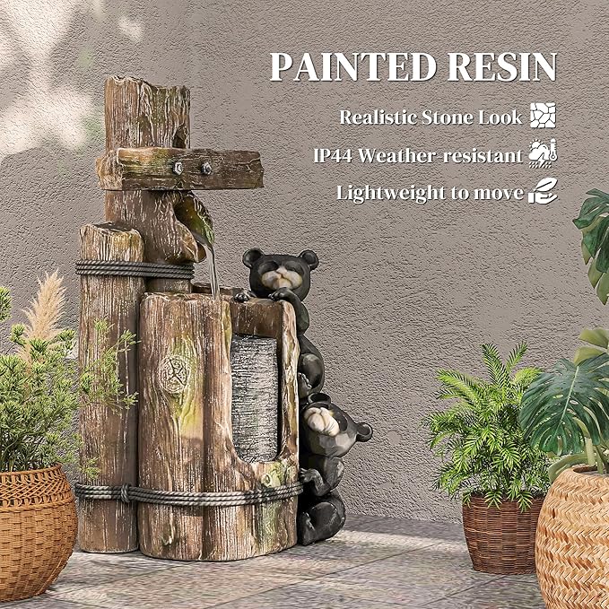 Outsunny 22.8" Tall Outdoor Water Fountain, 3-Tier Floor Standing Resin Bears on Log Waterfall Fountain with LED Lights, Pump for Garden, Patio, Backyard