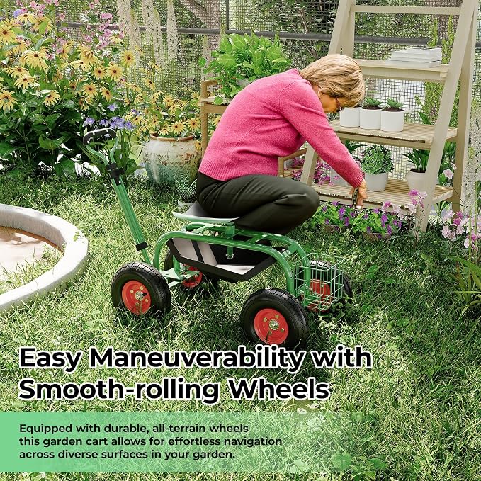 Garden Rolling Stool with Wheels – Outdoor Garden Chair for Patio and Lawn - 360° Swivel Seat Gardening Cart with Tool Tray & Steering Handle for Easy Planting and Yard Work