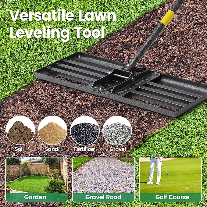 Lawn Leveling Rake - Heavy Duty 30" x 10" Lawn Leveler,Anti-Flip Edge, Adjustable 6FT Handle, Folding Plate for Yard, Soil, Sand, Topsoil,Gravel - Garden Ground Top Dressing,Landscaping tool