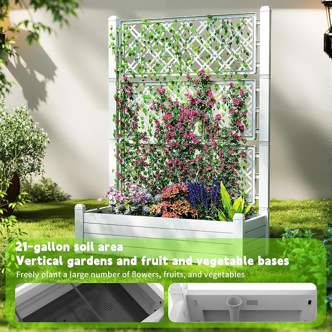 EasyUp 21 Gallon Raised Garden Bed with Trellis for Climbing Plants, Anti-Rust Resin Outdoor Planter Box with Drainage Holes for Backyard Patio Balcony (Ashen)