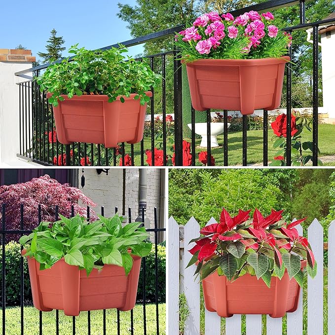 ORIMERC 9.8 inch 3 Pack Brick Red Wall Hanging Planters for Indoor Outdoor Plants Hanging Plant Holder with Drainage Hole Fence Balcony Planters Railing Hanging Pot Plant Wall Mount Decor with Hooks